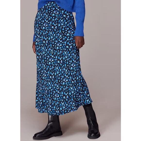 Whistles Blurred Floral Bias Midi Skirt Smocking Unlined Blue Womens Size 12 - Picture 1 of 9